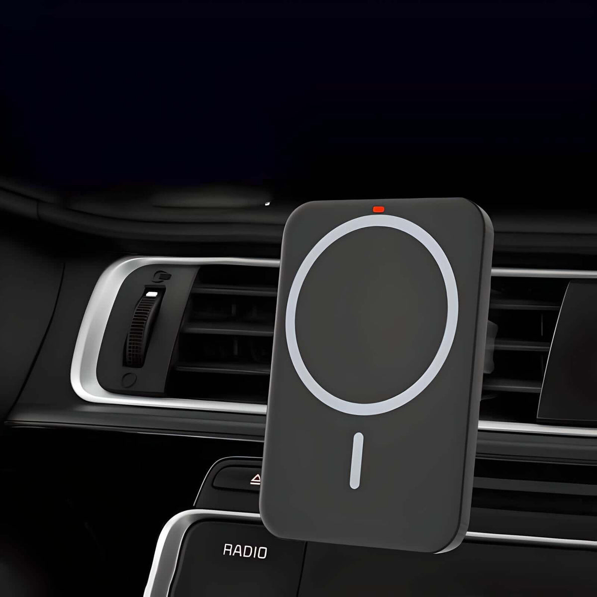 Magnetic wireless car charger securely mounted on a car vent, blending seamlessly with the car's dashboard design.