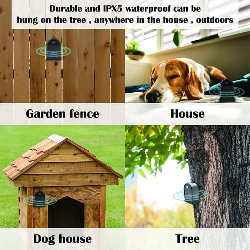 Bark Blocker anti-barking device displayed in various outdoor and indoor settings, including a garden fence, house, dog house, and tree.