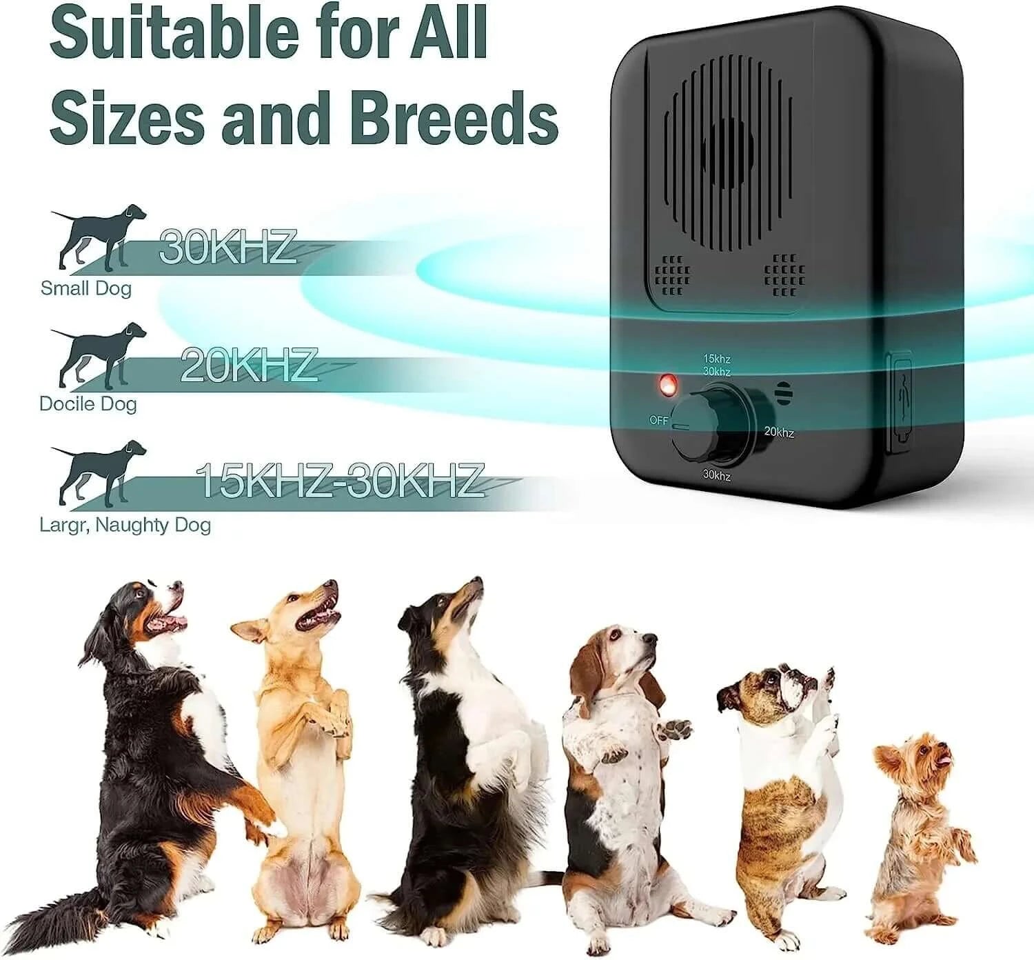 Bark Blocker anti-barking device suitable for all dog sizes and breeds, with frequency settings for small, docile, and large dogs.