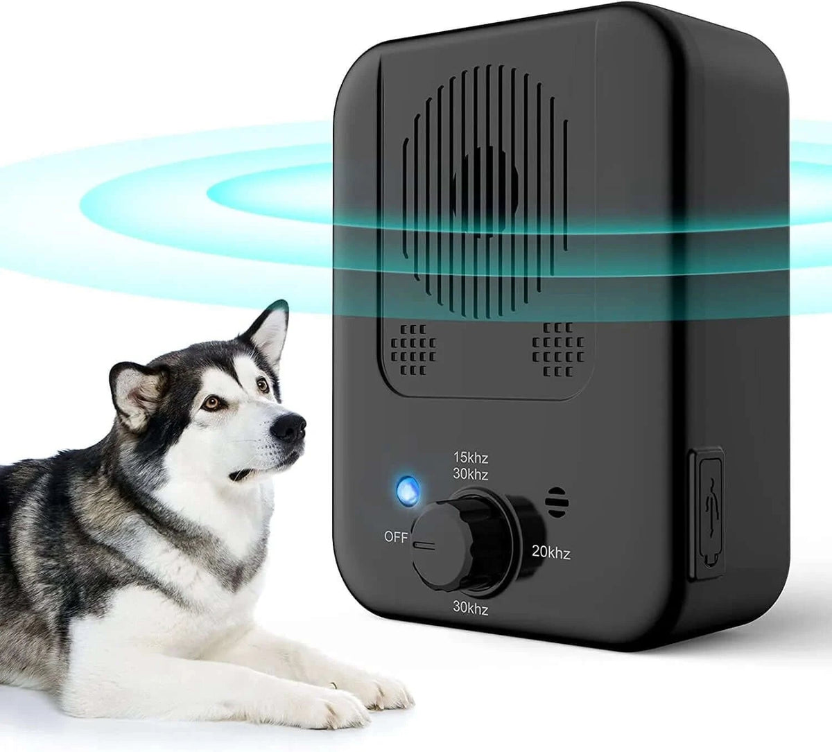 Bark Blocker anti-barking device in use with a husky, showcasing ultrasonic sound waves and adjustable frequency options.