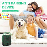 Family with a golden retriever enjoying a quiet moment indoors with the Bark Blocker anti-barking device, labeled as safe and humane.