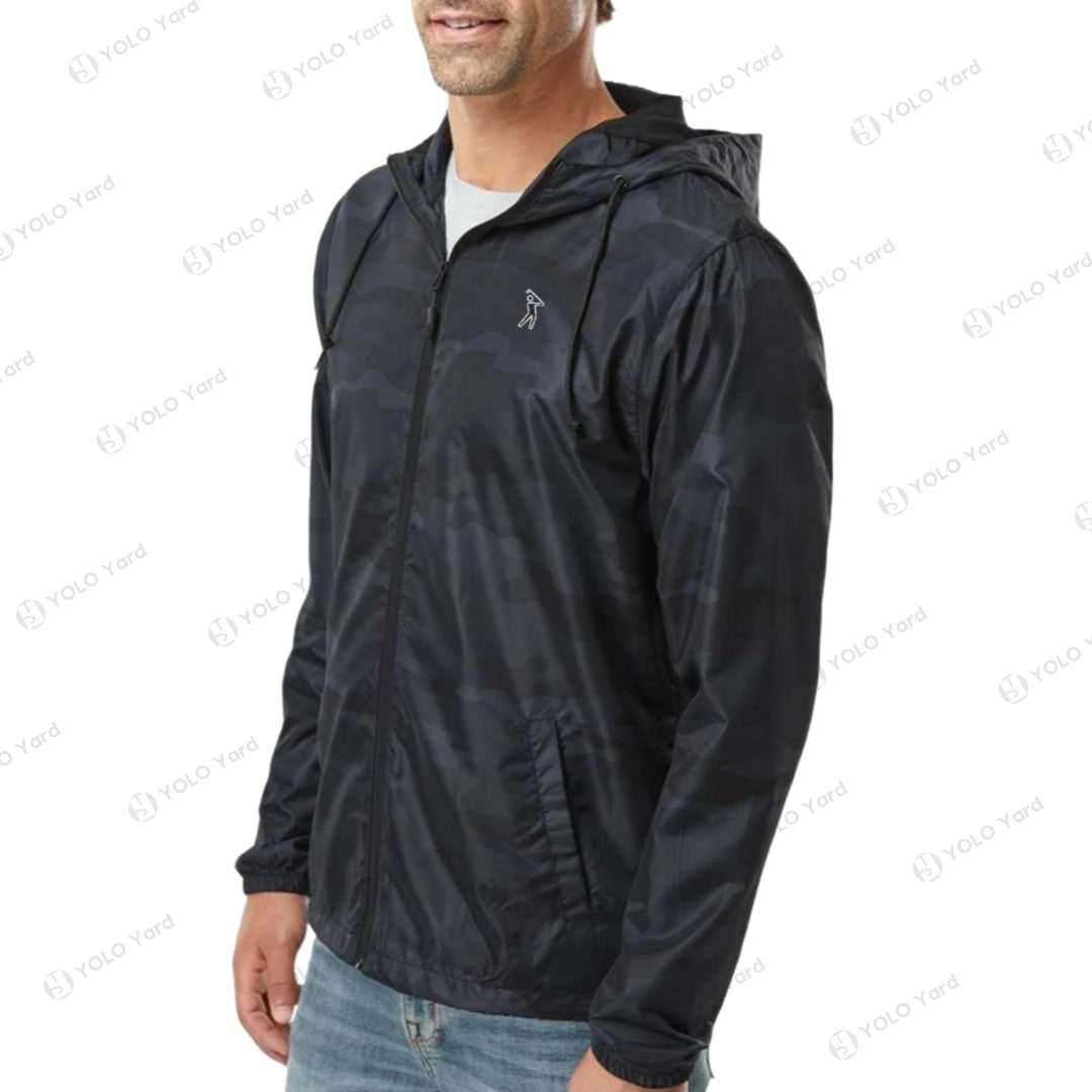 Black camo lightweight waterproof windbreaker jacket with embroidered #YOLO Golf Sportswear logo. Sleek design with adjustable hood and full zip closure, ideal for rain and outdoor activities.