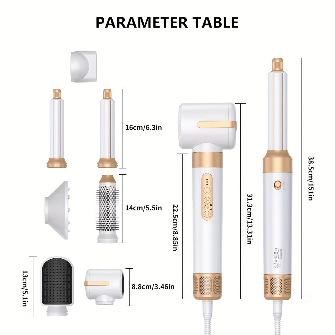 Parameter table of Magic Styler Pro 7-in-1 hair dryer brush showcasing dimensions and attachment specifications for versatile use.