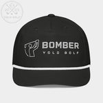 Front view of the 'Bomber' Golf Rope Cap with silver embroidery and 