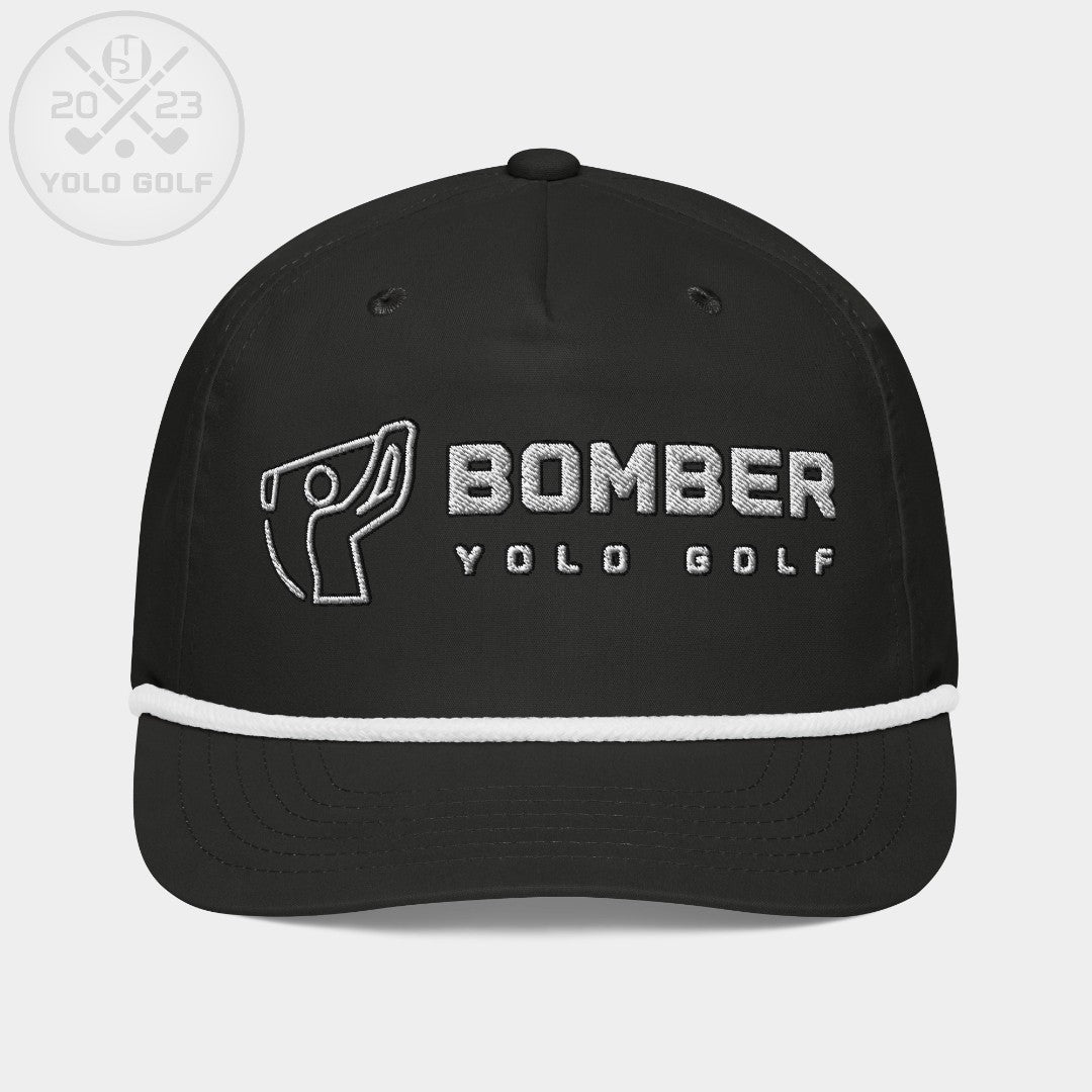 Front view of the 'Bomber' Golf Rope Cap with silver embroidery and 