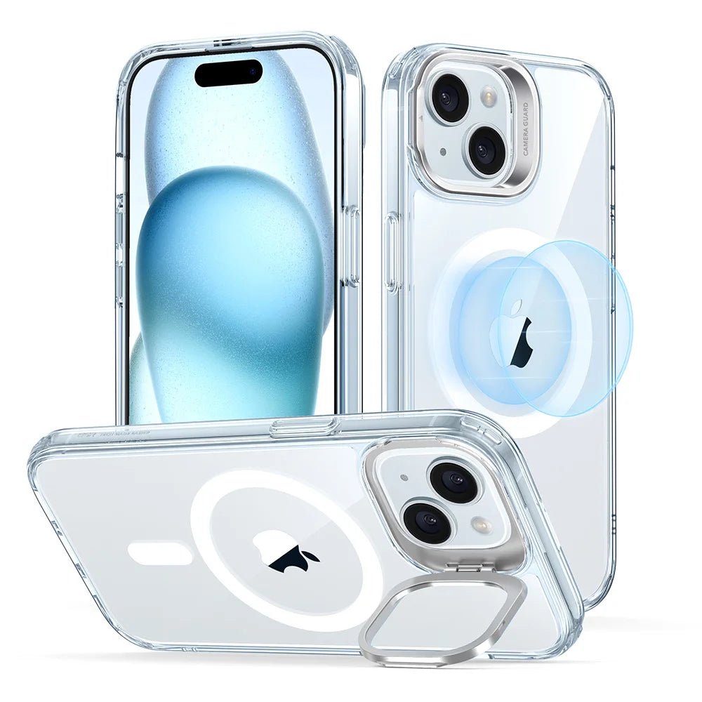 Clear StashStand HaloLock Lens Stand Magnetic Phone Case for iPhone 15 with shockproof corner airbags and lens bracket stand.