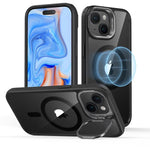 Black StashStand HaloLock Lens Stand Magnetic Phone Case for iPhone 15 Pro Max with built-in kickstand and strong magnetic hold.