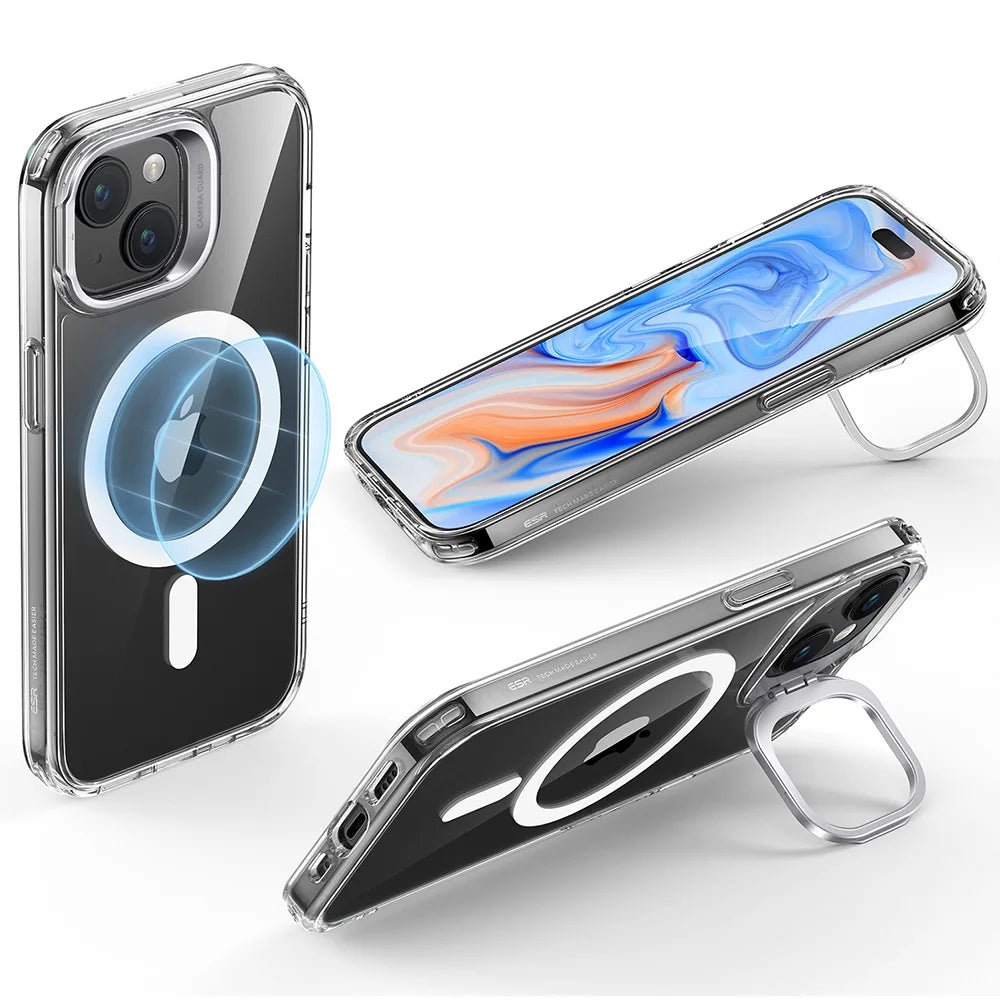 Clear StashStand HaloLock Lens Stand Magnetic Phone Case for iPhone 15 Pro Max with built-in kickstand and strong magnetic charging.