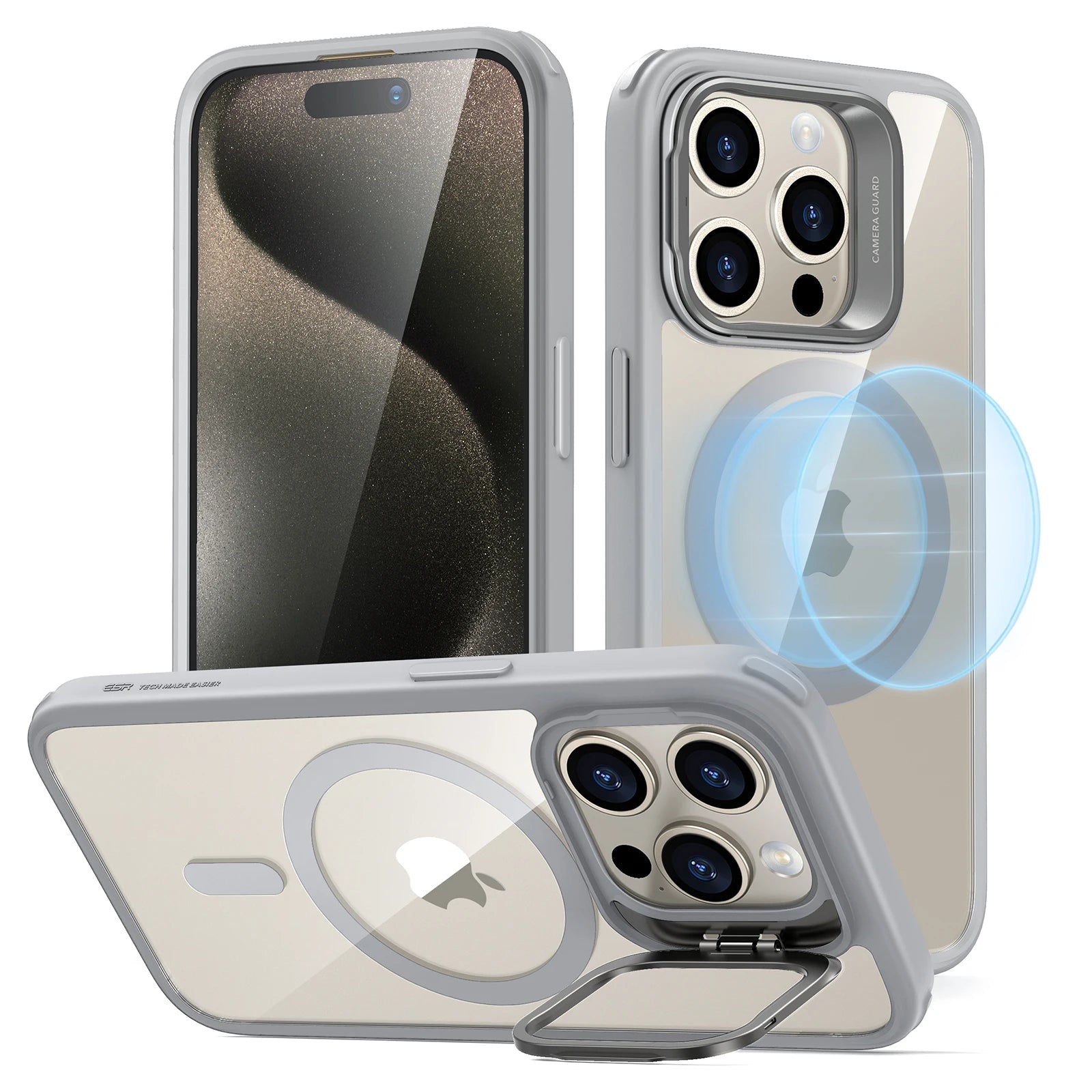 Gray StashStand HaloLock Lens Stand Magnetic Phone Case for iPhone 15 Pro Max with MagSafe and premium shockproof design.