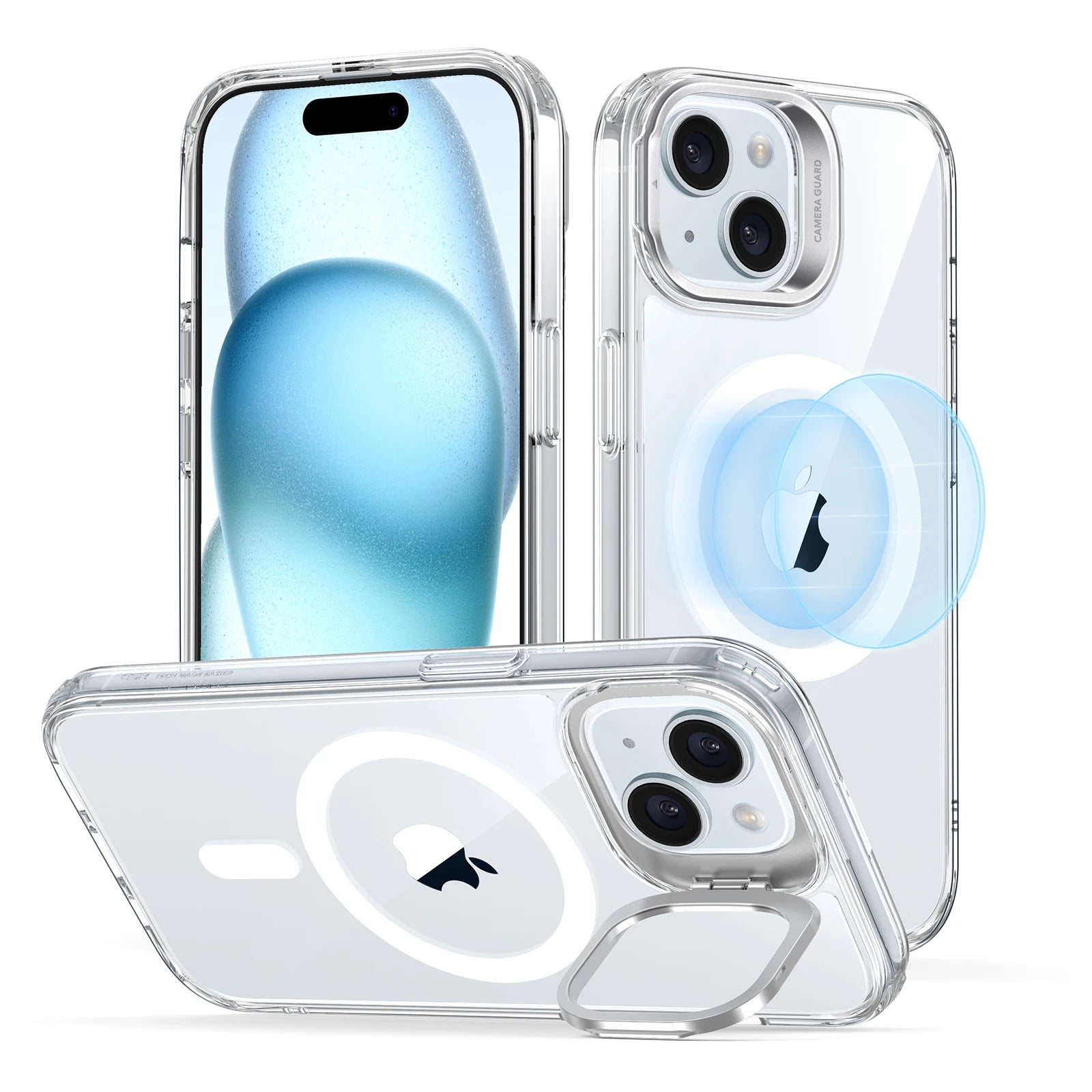 Transparent StashStand HaloLock Lens Stand Magnetic Phone Case for iPhone 15 with MagSafe and camera protection stand feature.