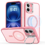 Pink StashStand HaloLock MagSafe iPhone 16 case with lens stand, shockproof design, and MagSafe compatibility.