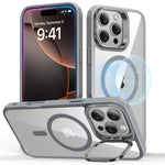 Gray StashStand HaloLock MagSafe iPhone 16 case with lens stand, corner airbags, and strong magnetic charging support.