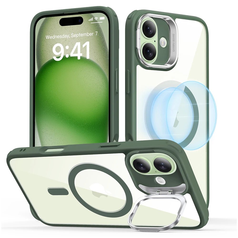 Green StashStand HaloLock MagSafe iPhone 16 case featuring lens stand, corner airbags, and magnetic charging support.