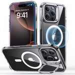 Clear StashStand HaloLock MagSafe iPhone 16 shockproof case with lens stand and corner airbags for premium protection.