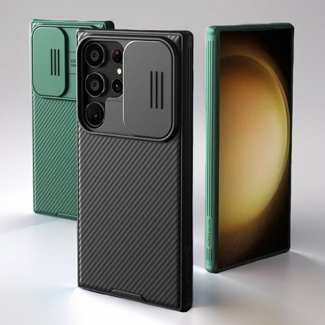 CamShield Galaxy Pro phone case in black and green for Samsung Galaxy S24 Ultra, featuring camera guard and textured design. Manufactured by NILLKIN.