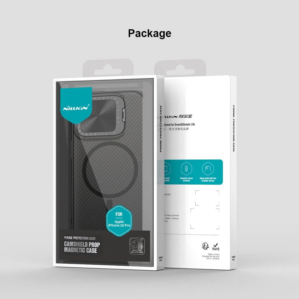 Retail packaging of the CamShield Prop iPhone 16 case, showcasing its MagSafe compatibility and lens stand feature. Manufactured by Nillkin, available at 