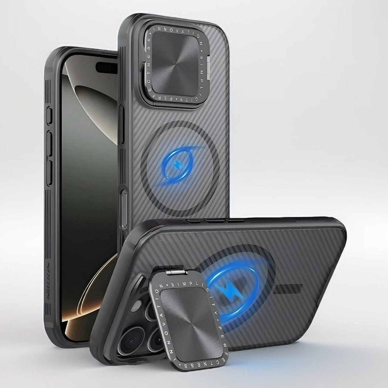 CamShield Prop iPhone 16 case with carbon texture, MagSafe compatibility, and lens stand feature displayed in black. Manufactured by Nillkin, available at 