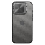 Rear view of the black CamShield Prop iPhone 16 case featuring carbon texture and a protective lens stand. Manufactured by Nillkin, available at 