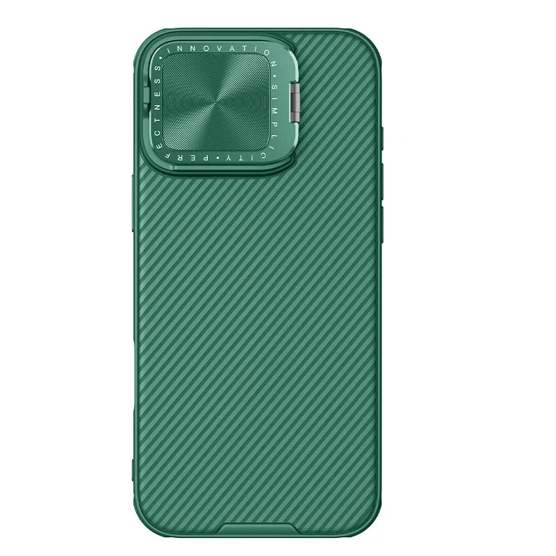 Green CamShield Prop iPhone 16 case with carbon texture and lens stand, combining functionality and aesthetics. Manufactured by Nillkin, available at 