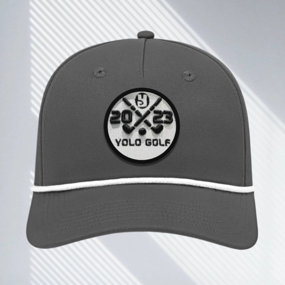 YOLO Golf 3D Puff Circle Logo Golf Rope Hat Cap in gray with white rope detail, featuring embroidered logo and snapback closure. Stylish golf hat for modern performance and vintage vibes.