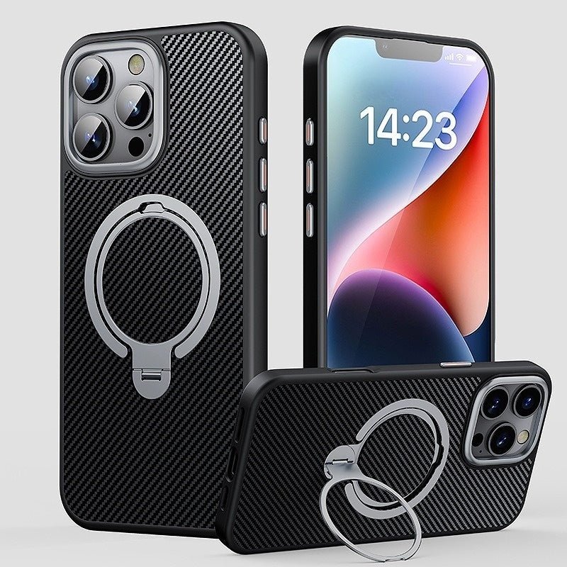 CarbonShield 360 iPhone case with carbon fiber texture, 360° rotating stand, and MagSafe compatibility for iPhone 16 Pro Max.