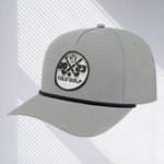 YOLO Golf 3D Puff Circle Logo Golf Rope Hat Cap in gray with white rope detail, featuring embroidered logo and snapback closure. Stylish golf hat for modern performance and vintage vibes.