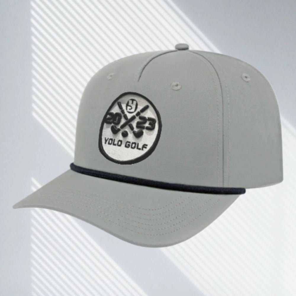 YOLO Golf 3D Puff Circle Logo Golf Rope Hat Cap in gray with white rope detail, featuring embroidered logo and snapback closure. Stylish golf hat for modern performance and vintage vibes.