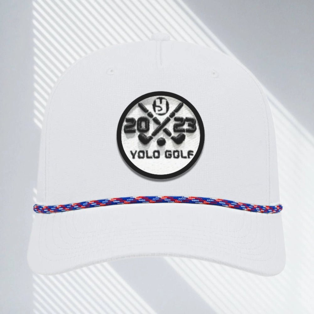 YOLO Golf 3D Puff Circle Logo Golf Rope Hat Cap in gray with white rope detail, featuring embroidered logo and snapback closure. Stylish golf hat for modern performance and vintage vibes.