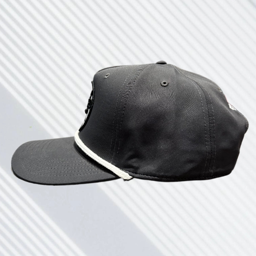 YOLO Golf 3D Puff Circle Logo Golf Rope Hat Cap in gray with white rope detail, featuring embroidered logo and snapback closure. Stylish golf hat for modern performance and vintage vibes.