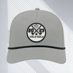 YOLO Golf 3D Puff Circle Logo Golf Rope Hat Cap in gray with white rope detail, featuring embroidered logo and snapback closure. Stylish golf hat for modern performance and vintage vibes.