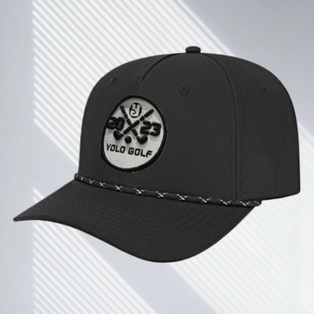 YOLO Golf 3D Puff Circle Logo Golf Rope Hat Cap in gray with white rope detail, featuring embroidered logo and snapback closure. Stylish golf hat for modern performance and vintage vibes.