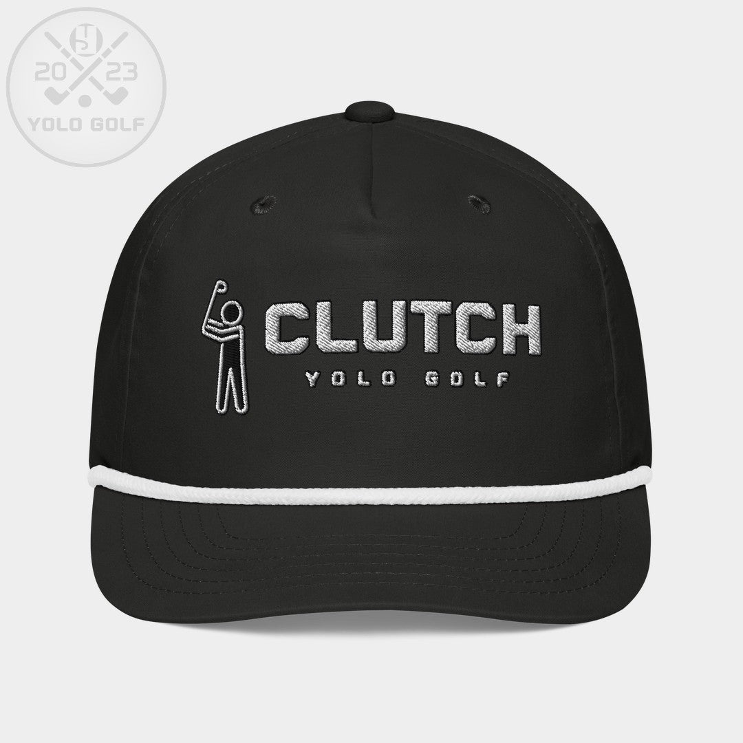 Front view of 'Clutch' Golf Rope Hat Cap in black with silver embroidery and white rope detail, 