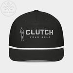 Front view of 'Clutch' Golf Rope Hat Cap in black with silver embroidery and white rope detail, 