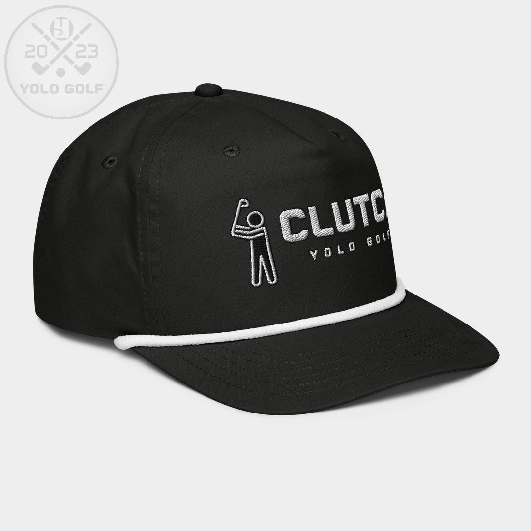 Side angle of 'Clutch' Golf Rope Hat Cap in black with silver embroidery, white rope detail, and 