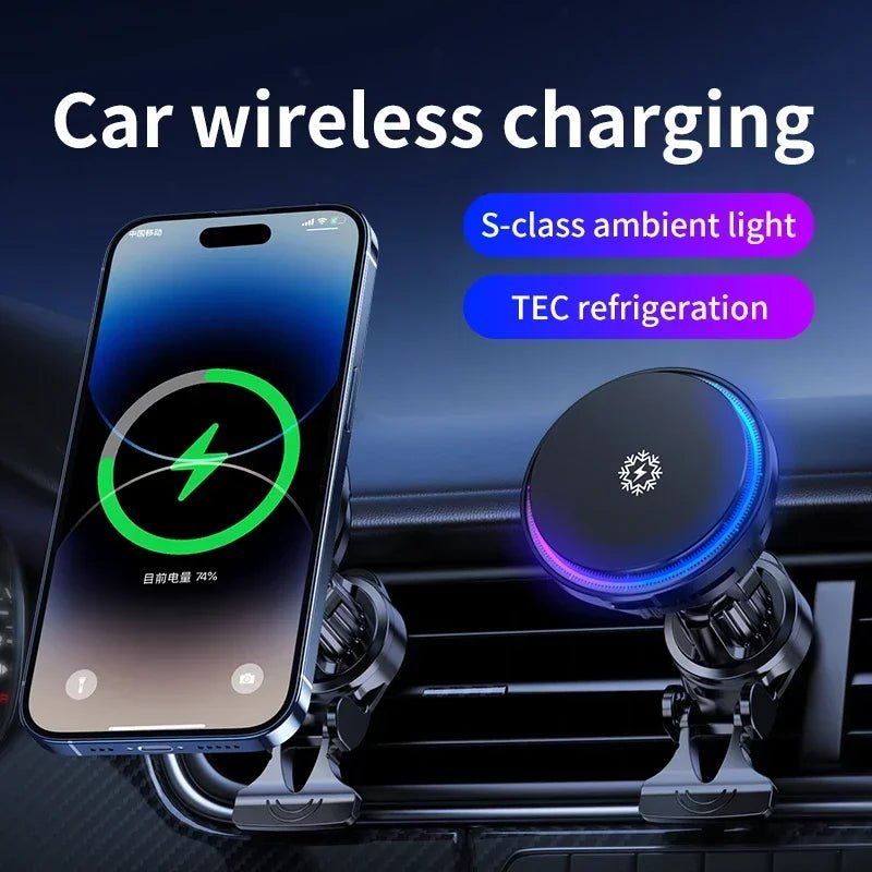 CoolDrive MagSafe car charger with S-class ambient light and TEC refrigeration, mounted on a car vent for wireless charging.