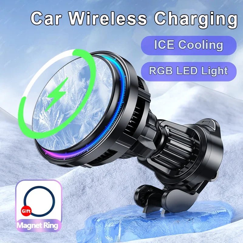 CoolDrive wireless car charger with ice cooling, RGB LED light, and magnetic ring, ideal for fast charging and secure phone mounting.