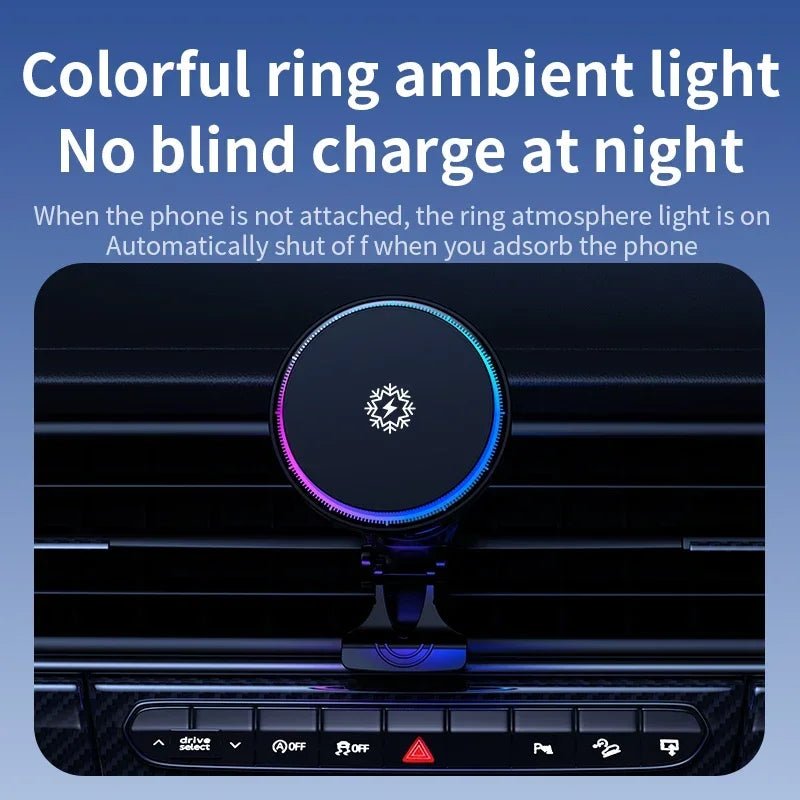 CoolDrive car mount charger with colorful ring ambient light, providing easy nighttime charging and automatic light control.