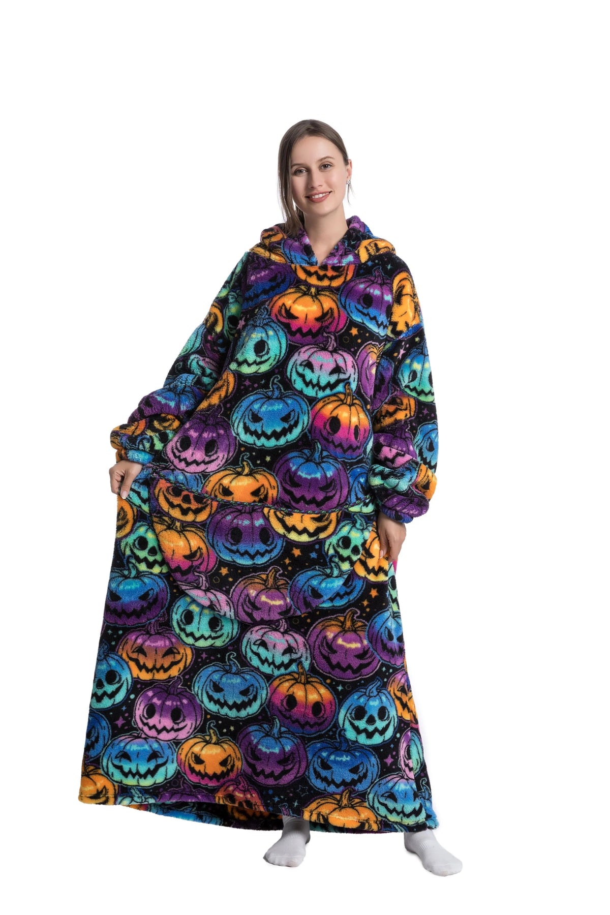 Multicolored CozyHaven Deluxe Sherpa Hoodie with vibrant pumpkin prints, oversized design, hood, and a large pocket for cozy lounging.