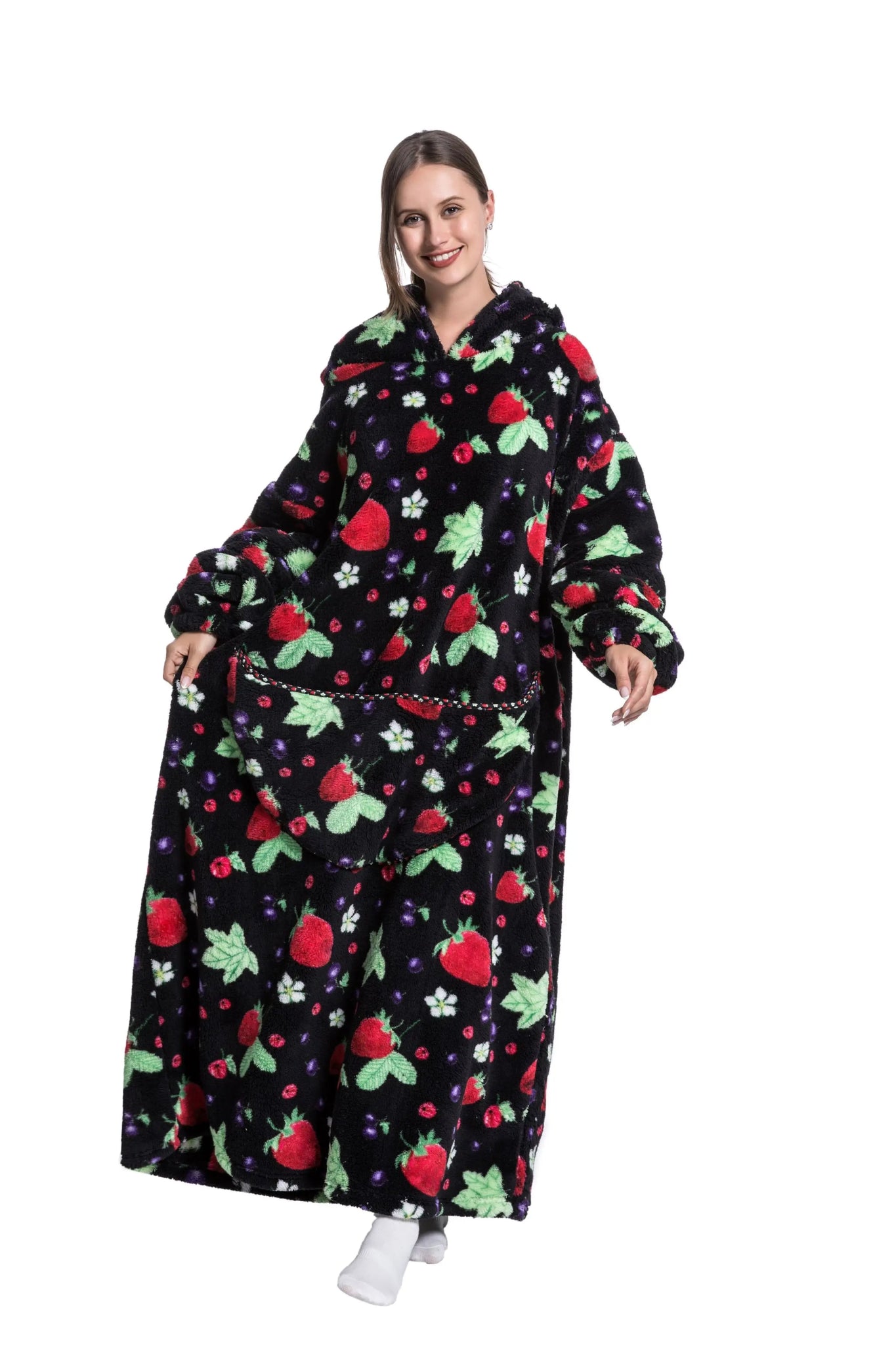 Black CozyHaven Deluxe Sherpa Hoodie with strawberry and floral prints, oversized design, hood, and a large pocket for comfort.