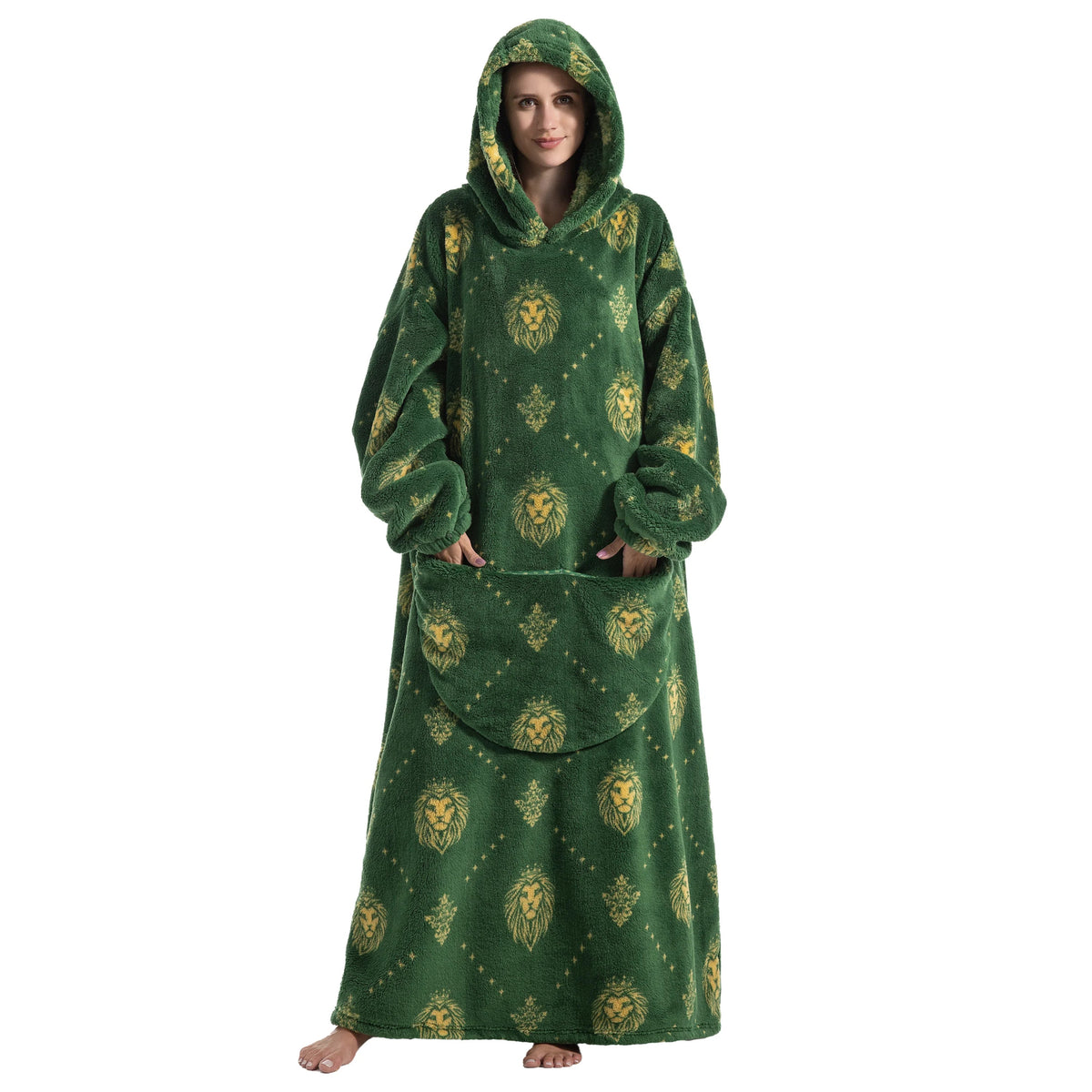 Green CozyHaven Deluxe Sherpa Hoodie with golden lion emblem prints, featuring an oversized fit, hood, and a large crescent pocket.