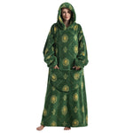 Green CozyHaven Deluxe Sherpa Hoodie with golden lion emblem prints, featuring an oversized fit, hood, and a large crescent pocket.