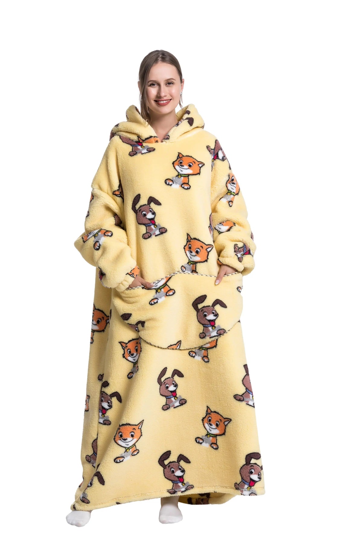 Yellow CozyHaven Deluxe Sherpa Hoodie with cartoon dog prints, oversized design, hood, and a large pocket for cozy lounging.