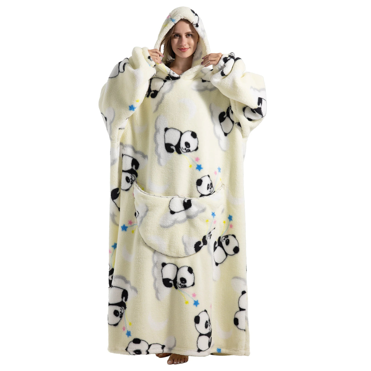 Panda-themed CozyHaven Deluxe Sherpa Hoodie in white with black panda prints, featuring an oversized design, hood, and large pocket.