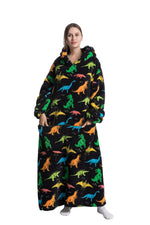 Black CozyHaven Deluxe Sherpa Hoodie with colorful dinosaur prints, oversized design, hood, and a large pocket for cozy lounging.