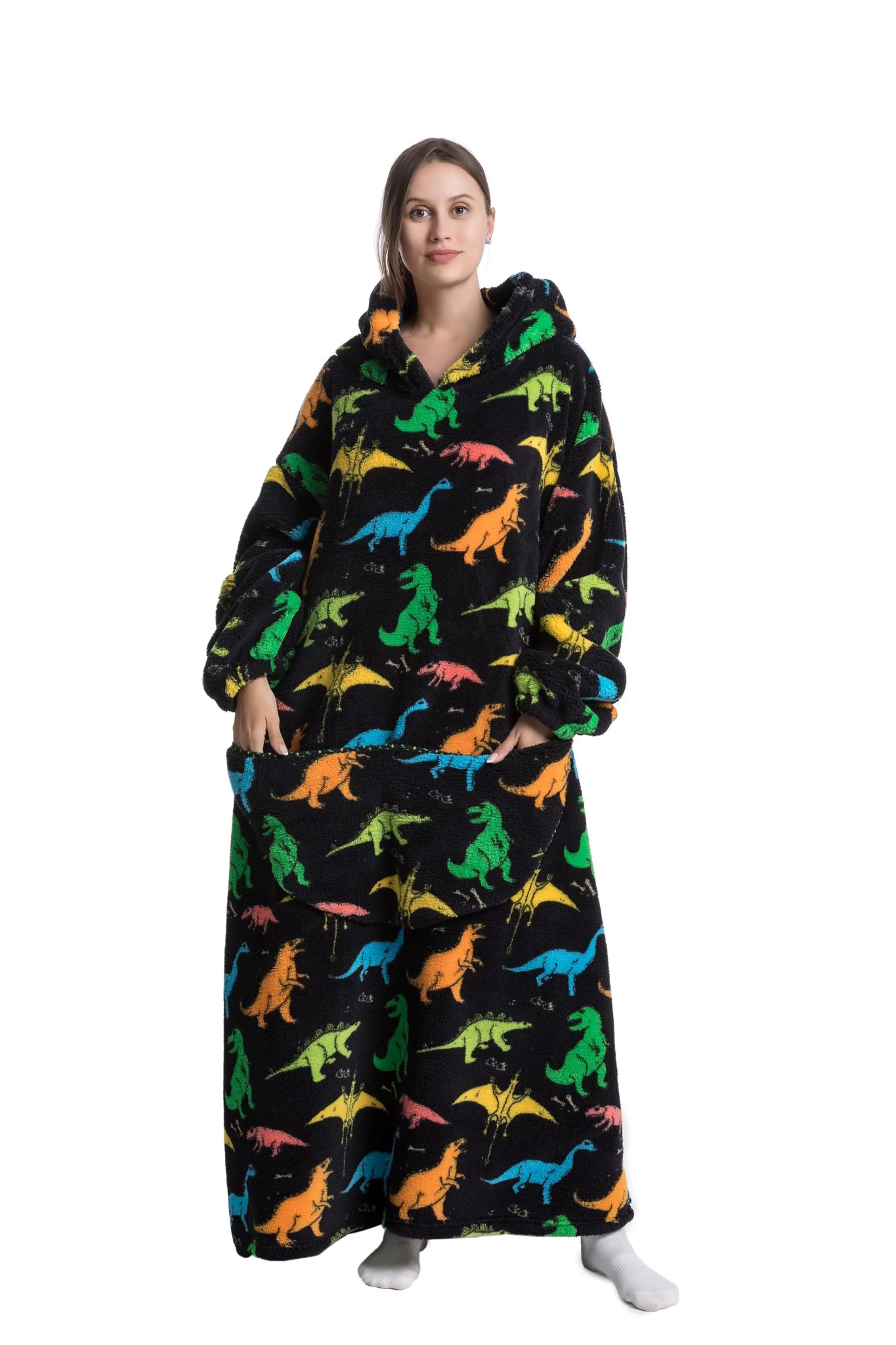 Black CozyHaven Deluxe Sherpa Hoodie with colorful dinosaur prints, oversized design, hood, and a large pocket for cozy lounging.