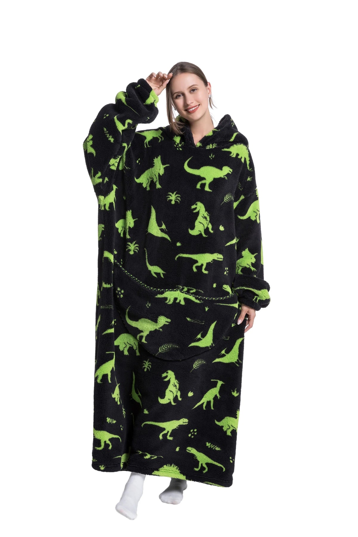 Black CozyHaven Deluxe Sherpa Hoodie with green dinosaur prints, oversized design, hood, and a large pocket for cozy lounging.