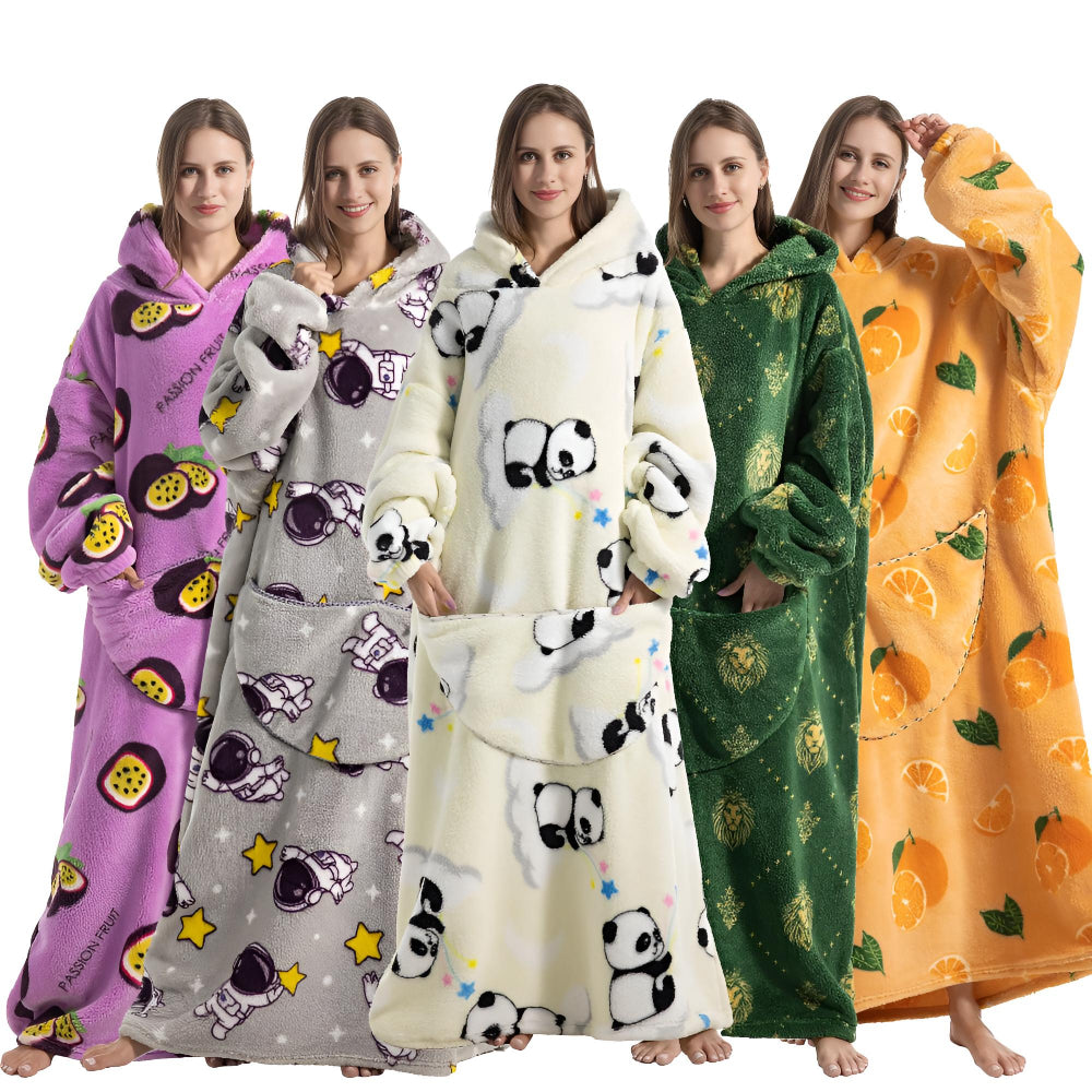 Collection of CozyHaven Deluxe Sherpa Hoodies in various colorful patterns, featuring oversized designs with hoods and large pockets.