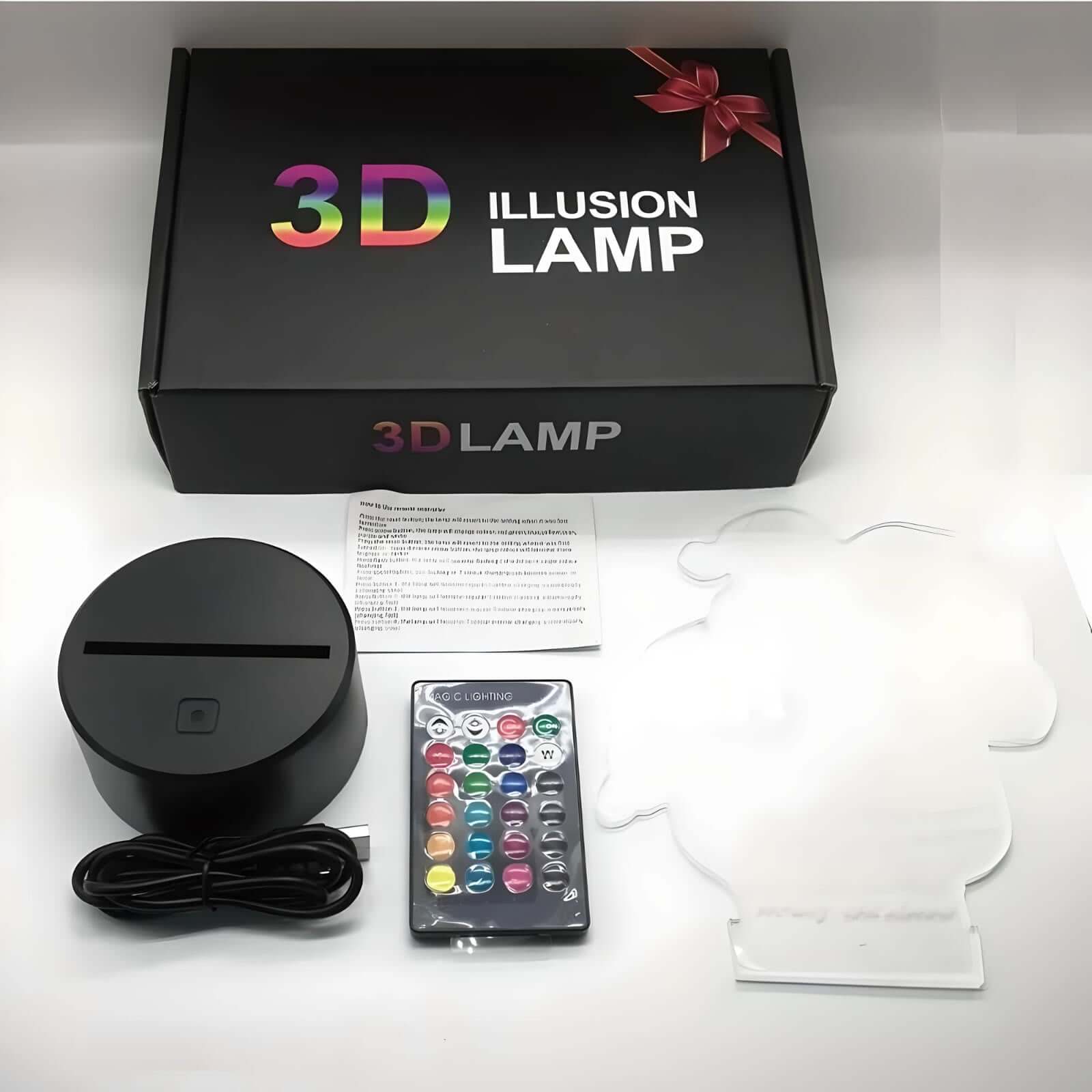 CryptoGlow Bitcoin 3D LED lamp packaging with remote control, USB cable, and acrylic Bitcoin design, ideal for gifting.