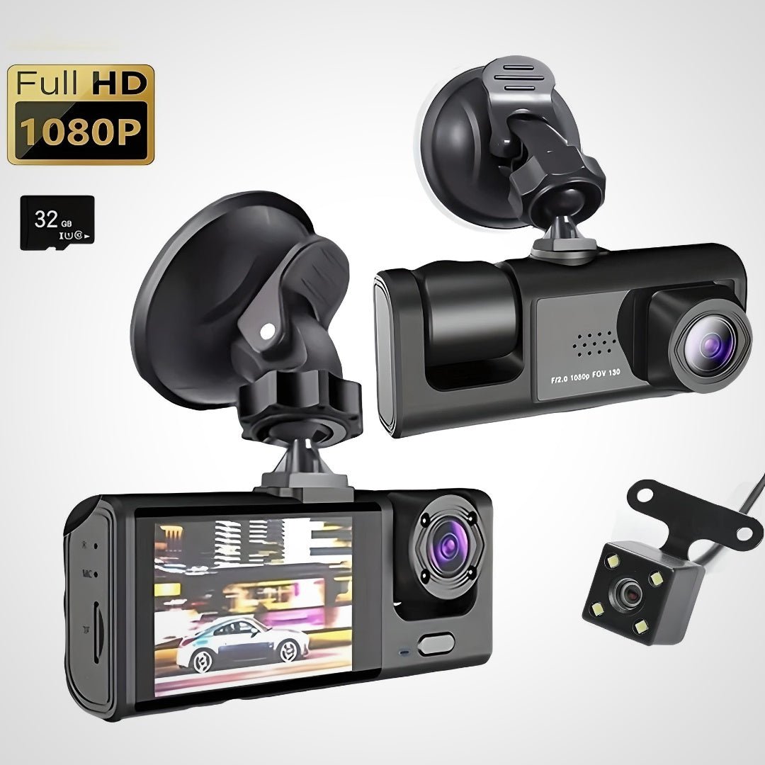 Dash cam with 1080P HD resolution, IR night vision, triple-lens, and 2-inch IPS screen. Includes front, rear, and interior cameras.