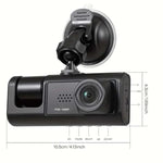 Compact 1080P HD dash cam with dimensions of 10.5cm x 4.3cm, featuring a suction mount, triple-lens, and night vision for car surveillance.